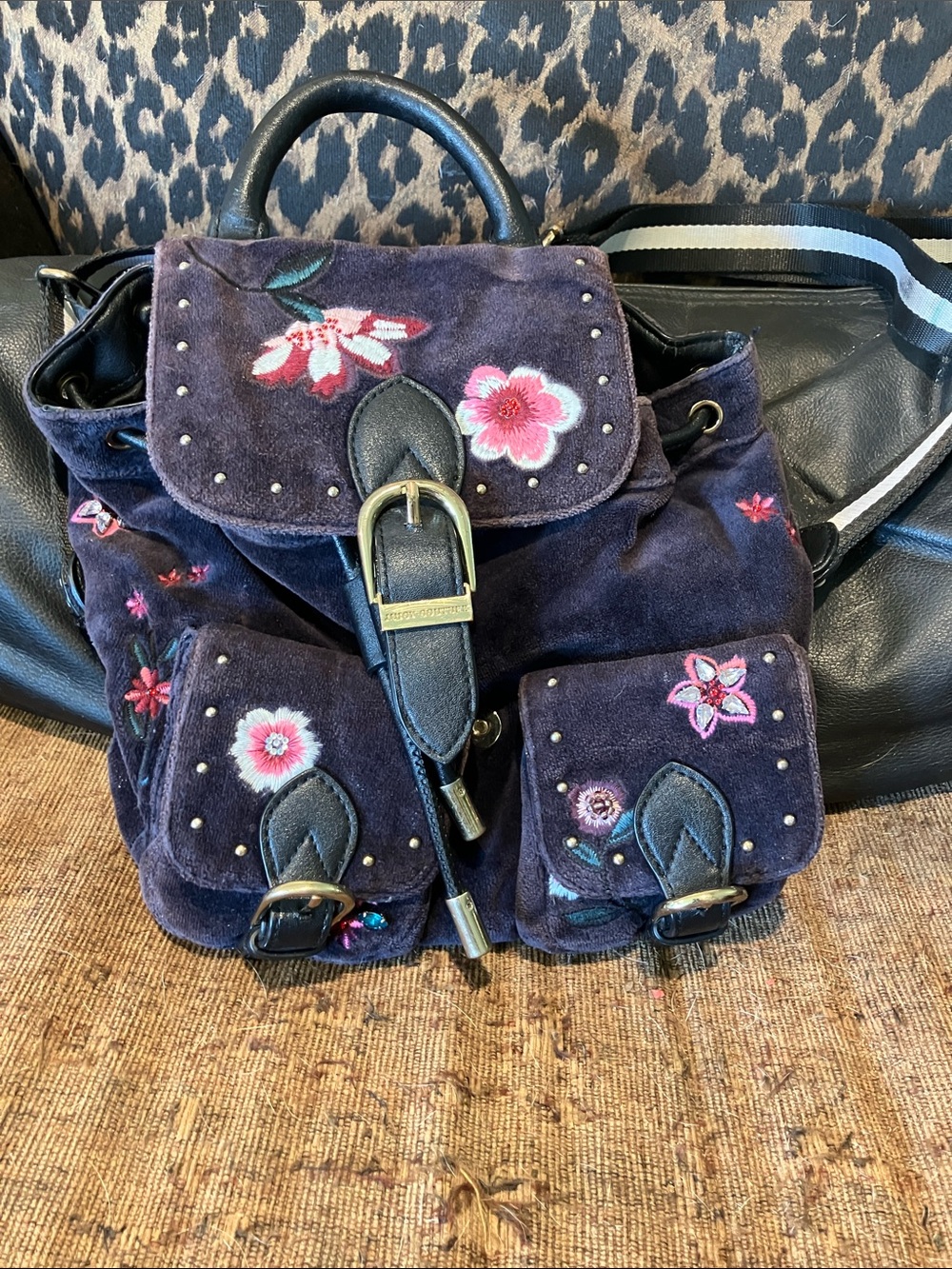 Embroidered Floral velvet Backpack Bag in Deep Purple